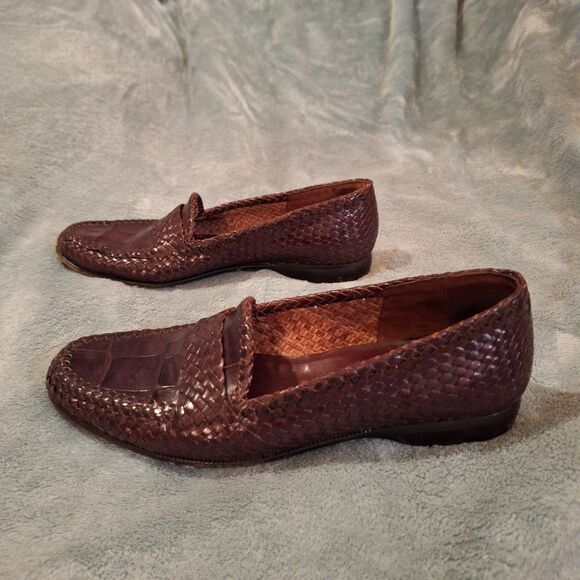 MORESCHI Brassboot Cognac Croc Print Woven Leather Sz 7 Loafers Made in Italy main image 7